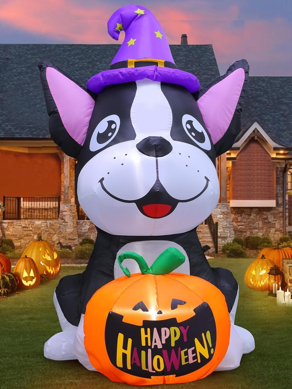 4.4FT Dog Hold Pumpkins Blow Up Yard Decorations(Black Dog & Orange Pumpkins)